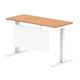 Air 1400 x 600mm Height Adjustable Desk Oak Top Cable Ports White Leg With White Steel Modesty Panel