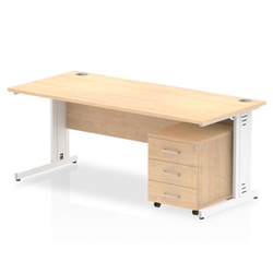 Impulse 1800 x 800mm Straight Desk Maple Top White Cable Managed Leg with 3 Drawer Mobile Pedestal