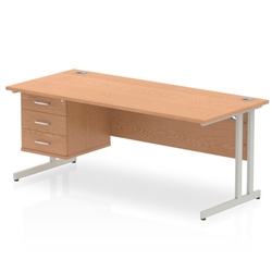 Impulse 1800 Rectangle Silver Cant Leg Desk OAK 1 x 3 Drawer Fixed Ped