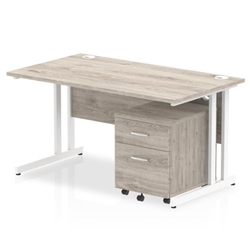 Impulse 1400 x 800mm Straight Desk Grey Oak Top White Cantilever Leg with 2 Drawer Mobile Pedestal Bundle