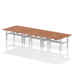 Air Back-to-Back 1600 x 800mm Height Adjustable 6 Person Bench Desk Walnut Top with Scalloped Edge Silver Frame