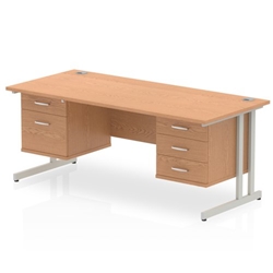 Impulse 1600 Rectangle Silver Cant Leg Desk OAK 1 x 2 Drawer 1 x 3 Drawer Fixed Ped