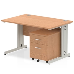 Impulse 1200 x 800mm Straight Desk Oak Top Silver Cable Managed Leg with 2 Drawer Mobile Pedestal Bundle