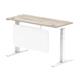 Air 1400 x 600mm Height Adjustable Desk Grey Oak Top Cable Ports White Leg With White Steel Modesty Panel