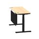 Air 1400 x 600mm Height Adjustable Desk Maple Top Cable Ports Black Leg With Black Steel Modesty Panel