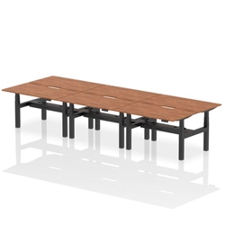 Air Back-to-Back 1400 x 800mm Height Adjustable 6 Person Bench Desk Walnut Top with Scalloped Edge Black Frame