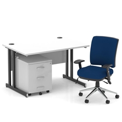 Impulse 1200mm Straight Office Desk White Top Black Cantilever Leg with 3 Drawer Mobile Pedestal and Chiro Medium Back Blue