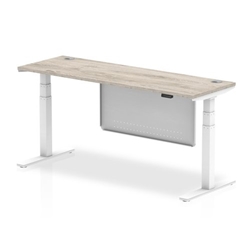 Air 1800 x 600mm Height Adjustable Desk Grey Oak Top Cable Ports White Leg With White Steel Modesty Panel