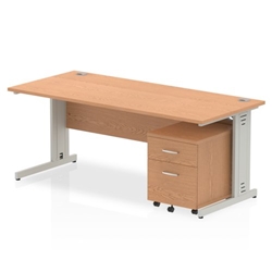 Impulse 1800 x 800mm Straight Desk Oak Top Silver Cable Managed Leg with 2 Drawer Mobile Pedestal