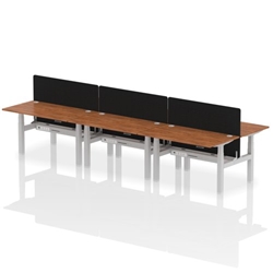 Air Back-to-Back 1400 x 800mm Height Adjustable 6 Person Bench Desk Walnut Top CP Silver Frame with Black Straight Screen