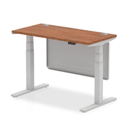 Air 1200 x 600mm Height Adjustable Desk Walnut Top Cable Ports Silver Leg With Silver Steel Modesty Panel