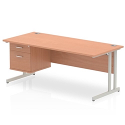Impulse 1800 Rectangle Silver Cant Leg Desk Beech 1 x 2 Drawer Fixed Ped