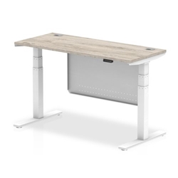 Air 1400 x 600mm Height Adjustable Desk Grey Oak Top Cable Ports White Leg With White Steel Modesty Panel