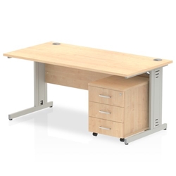 Impulse 1400 x 800mm Straight Desk Maple Top Silver Cable Managed Leg with 3 Drawer Mobile Pedestal Bundle