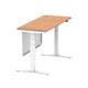 Air 1400 x 600mm Height Adjustable Desk Oak Top Cable Ports White Leg With White Steel Modesty Panel