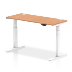 Air 1400 x 600mm Height Adjustable Desk Oak Top Cable Ports White Leg