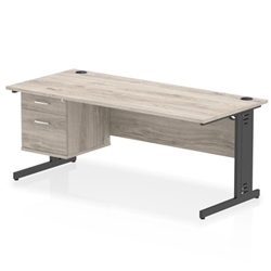 Impulse 1800 x 800mm Straight Office Desk Grey Oak Top Black Cable Managed Leg Workstation 1 x 2 Drawer Fixed Pedestal