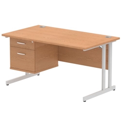 Impulse 1400 Rectangle Silver Cant Leg Desk OAK 1 x 2 Drawer Fixed Ped