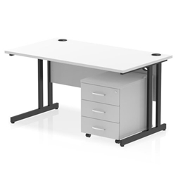 Impulse 1400 x 800mm Straight Office Desk White Top Black Cantilever Leg Workstation 3 Drawer Mobile Pedestal