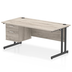 Impulse 1600 x 800mm Straight Office Desk Grey Oak Top Black Cantilever Leg Workstation 1 x 2 Drawer Fixed Pedestal