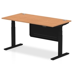 Air 1600 x 800mm Height Adjustable Desk Oak Top Cable Ports Black Leg With Black Steel Modesty Panel