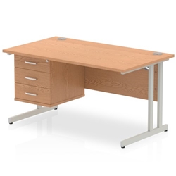Impulse 1400 Rectangle Silver Cant Leg Desk OAK 1 x 3 Drawer Fixed Ped
