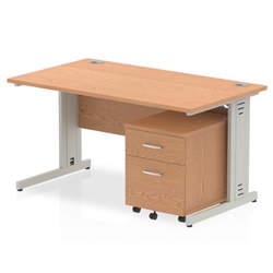 Impulse 1400 x 800mm Straight Desk Oak Top Silver Cable Managed Leg with 2 Drawer Mobile Pedestal Bundle