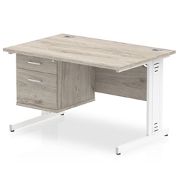 Impulse 1200 x 800mm Straight Desk Grey Oak Top White Cable Managed Leg with 1 x 2 Drawer Fixed Pedestal