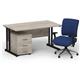 Impulse 1400 x 800 Black Cant Office Desk Grey Oak + 3 Dr Mobile Ped & Chiro Med Back Blue W/Arms