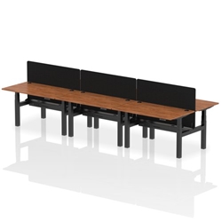 Air Back-to-Back 1400 x 800mm Height Adjustable 6 Person Bench Desk Walnut Top CP Black Frame with Black Straight Screen
