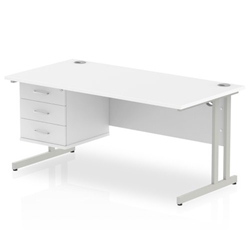 Impulse 1600 Rectangle Silver Cant Leg Desk WHITE 1 x 3 Drawer Fixed Ped