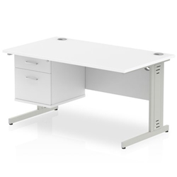 Impulse 1400 x 800mm Straight Desk White Top Silver Cable Managed Leg with 1 x 2 Drawer Fixed Pedestal