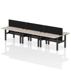 Air Back-to-Back 1400 x 800mm Height Adjustable 6 Person Office Bench Desk Grey Oak Top with Cable Ports Black Frame with Black Straight Screen