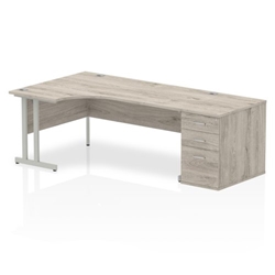 Impulse 1800mm Left Crescent Desk Grey Oak Top Silver Cantilever Leg + Desk High Ped