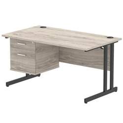Impulse 1400 x 800mm Straight Office Desk Grey Oak Top Black Cantilever Leg Workstation 1 x 2 Drawer Fixed Pedestal