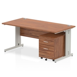 Impulse 1600 x 800mm Straight Desk Walnut Top Silver Cable Managed Leg with 2 Drawer Mobile Pedestal