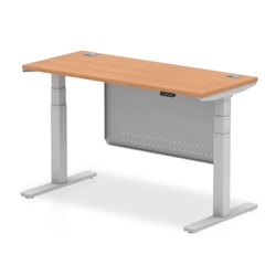 Air 1400 x 600mm Height Adjustable Desk Oak Top Cable Ports Silver Leg With Silver Steel Modesty Panel