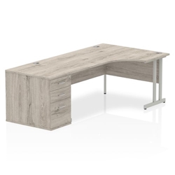 Impulse 1800mm Right Crescent Desk Grey Oak Top Silver Cantilever Leg + Desk High Ped