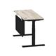 Air 1400 x 600mm Height Adjustable Desk Grey Oak Top Cable Ports Black Leg With Black Steel Modesty Panel