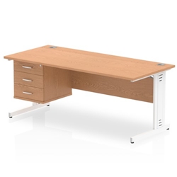 Impulse 1800 x 800mm Straight Desk Oak Top White Cable Managed Leg 1 x 3 Drawer Fixed Pedestal