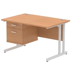 Impulse 1200 Rectangle Silver Cant Leg Desk OAK 1 x 2 Drawer Fixed Ped