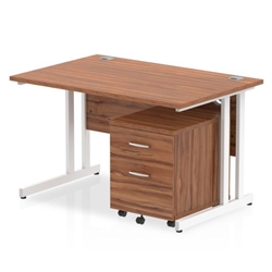 Impulse 1200 x 800mm Straight Desk Walnut Top White Cantilever Leg with 2 Drawer Mobile Pedestal Bundle