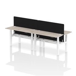 Air Back-to-Back 1400 x 600mm Height Adjustable 4 Person Office Bench Desk Grey Oak Top with Cable Ports White Frame with Black Straight Screen
