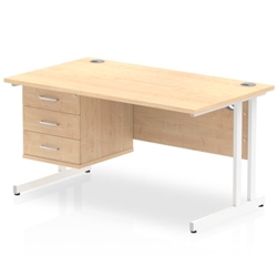 Impulse 1400 Rectangle White Cant Leg Desk MAPLE 1 x 3 Drawer Fixed Ped