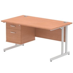 Impulse 1400 Rectangle Silver Cant Leg Desk Beech 1 x 2 Drawer Fixed Ped