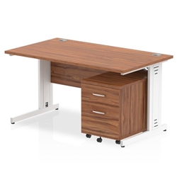 Impulse 1400 x 800mm Straight Desk Walnut Top White Cable Managed Leg with 2 Drawer Mobile Pedestal Bundle