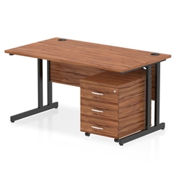 Impulse 1400 x 800mm Straight Office Desk Walnut Top Black Cantilever Leg Workstation 3 Drawer Mobile Pedestal