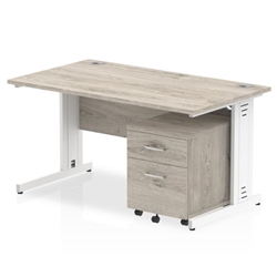 Impulse 1400 x 800mm Straight Desk Grey Oak Top White Cable Managed Leg with 2 Drawer Mobile Pedestal Bundle