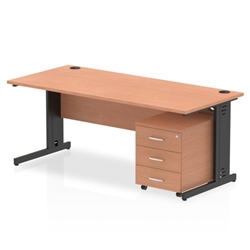 Impulse 1800 x 800mm Straight Office Desk Beech Top Black Cable Managed Leg Workstation 3 Drawer Mobile Pedestal