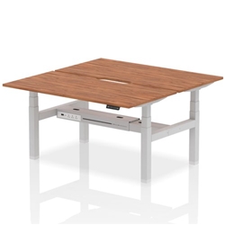 Air Back-to-Back 1600 x 800mm Height Adjustable 2 Person Bench Desk Walnut Top with Scalloped Edge Silver Frame